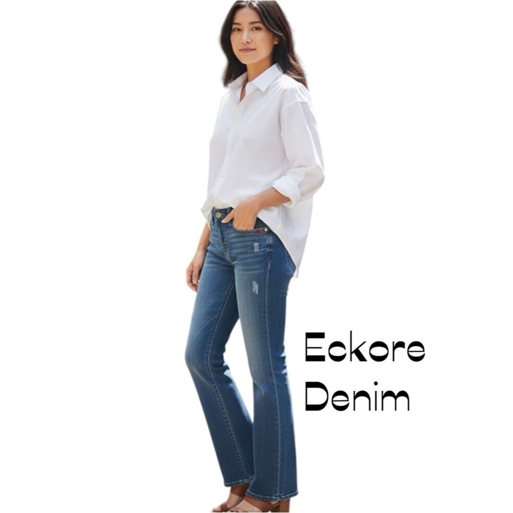 EckoreDenim Blue Factory Distressed Low Rise  Bootcut Jeans Size 7/8 Bohemian